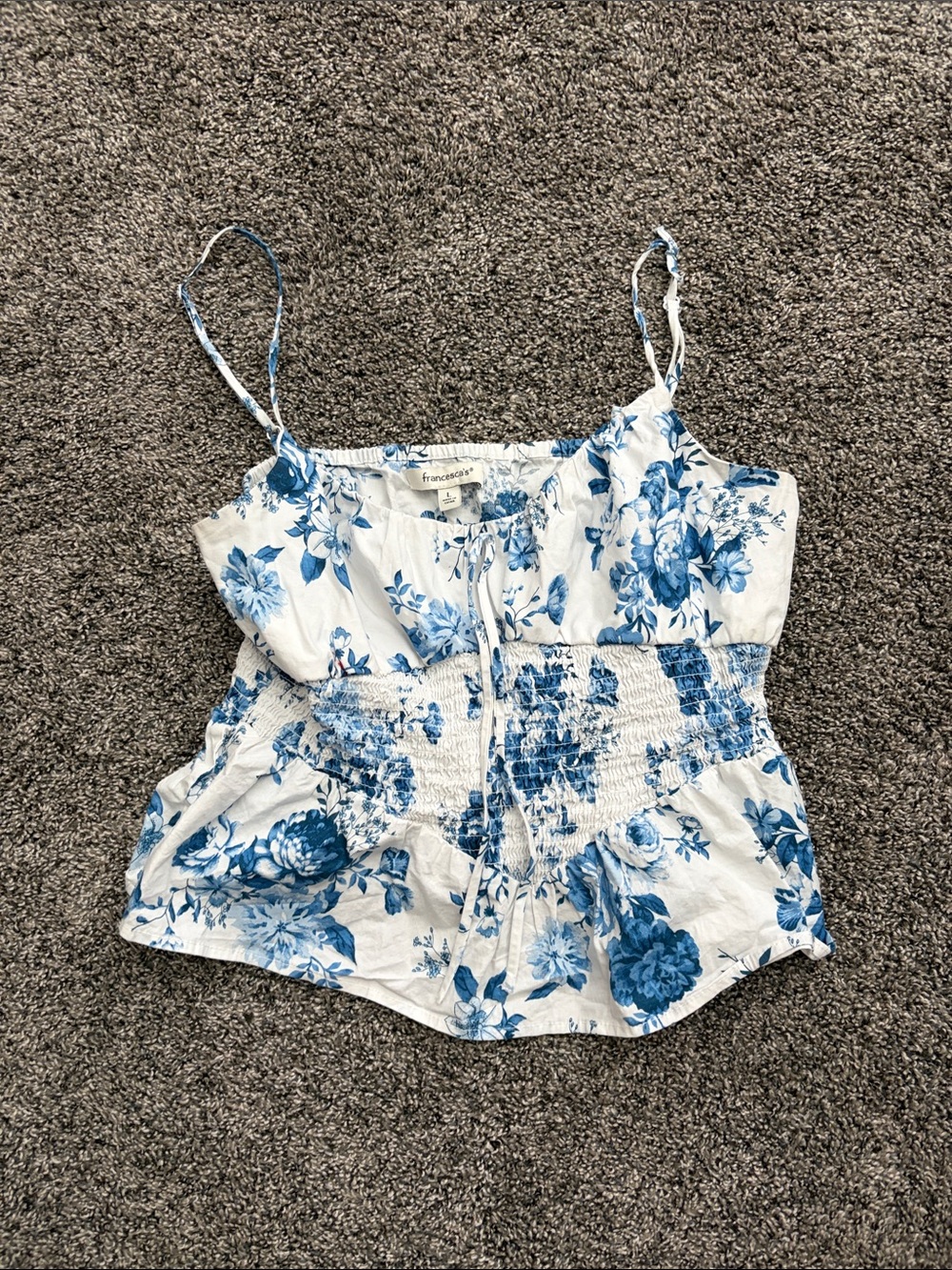 Francesca's Collections White and Blue Floral Smocked Cami
